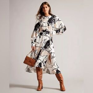 NWT Ted Baker Sydnei Horse Print Long Sleeve Shirtdress black white midi tie